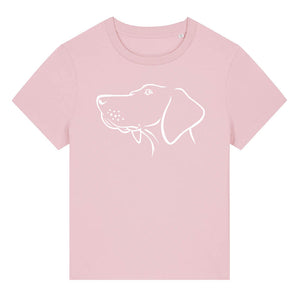 White outline illustration of the head of a Hungarian Vizsla on the front of a cotton pink ladies t-shirt