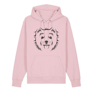 Black outline illustration of the head of a West Highland Terrier on the front of a cotton pink unisex Hoodie