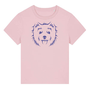 Blue outline illustration of the head of a West Highland Terrier on the front of a cotton pink ladies t-shirt