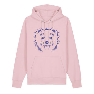 Blue outline illustration of the head of a West Highland Terrier on the front of a cotton pink unisex Hoodie