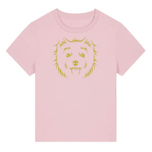 Gold outline illustration of the head of a West Highland Terrier on the front of a cotton pink ladies t-shirt