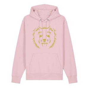 Gold outline illustration of the head of a West Highland Terrier on the front of a cotton pink unisex Hoodie