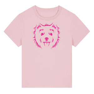 Magenta outline illustration of the head of a West Highland Terrier on the front of a cotton pink ladies t-shirt
