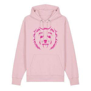 Magenta outline illustration of the head of a West Highland Terrier on the front of a cotton pink unisex Hoodie