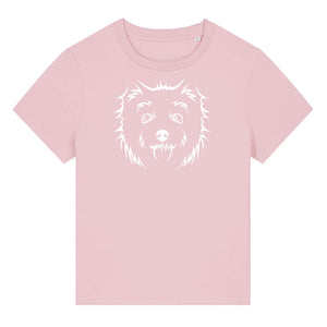 White outline illustration of the head of a West Highland Terrier on the front of a cotton pink ladies t-shirt