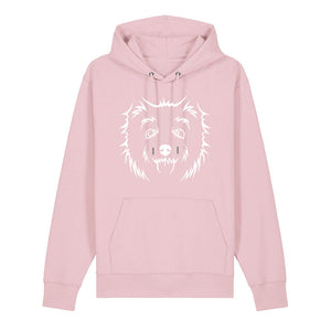 White outline illustration of the head of a West Highland Terrier on the front of a cotton pink unisex Hoodie