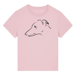 Black outline illustration of the head of a Whippet on the front of a cotton pink ladies t-shirt