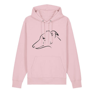 Black outline illustration of the head of a Whippet on the front of a cotton pink unisex Hoodie