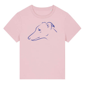 Blue outline illustration of the head of a Whippet on the front of a cotton pink ladies t-shirt
