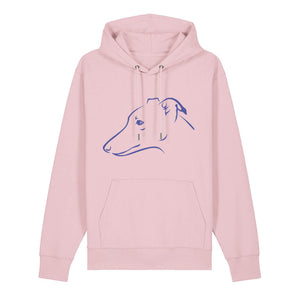 Blue outline illustration of the head of a Whippet on the front of a cotton pink unisex Hoodie