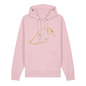 Gold outline illustration of the head of a Whippet on the front of a cotton pink unisex Hoodie