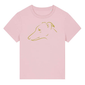 Gold outline illustration of the head of a Whippet on the front of a cotton pink ladies t-shirt