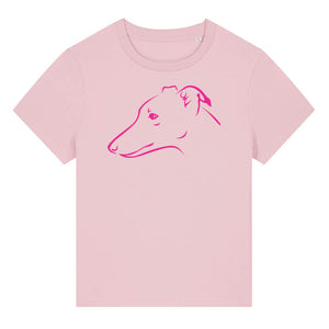 Magenta outline illustration of the head of a Whippet on the front of a cotton pink ladies t-shirt