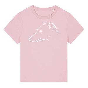 White outline illustration of the head of a Whippet on the front of a cotton pink ladies t-shirt