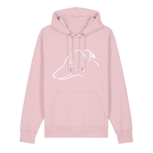 White outline illustration of the head of a Whippet on the front of a cotton pink unisex Hoodie