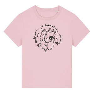 Black outline illustration of the head of a Wirehaired Pointer on the front of a cotton pink ladies t-shirt