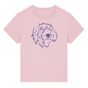 Blue outline illustration of the head of a Wirehaired Pointer on the front of a cotton pink ladies t-shirt
