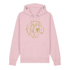 Gold outline illustration of the head of a Wirehaired Pointer on the front of a cotton pink unisex Hoodie