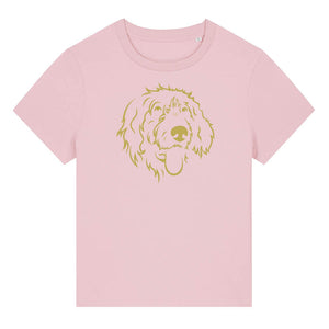 Gold outline illustration of the head of a Wirehaired Pointer on the front of a cotton pink ladies t-shirt