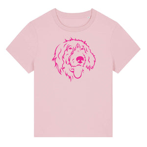 Magenta outline illustration of the head of a Wirehaired Pointer on the front of a cotton pink ladies t-shirt