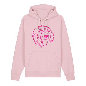 Magenta outline illustration of the head of a Wirehaired Pointer on the front of a cotton pink unisex Hoodie