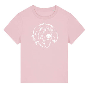 White outline illustration of the head of a Wirehaired Pointer on the front of a cotton pink ladies t-shirt