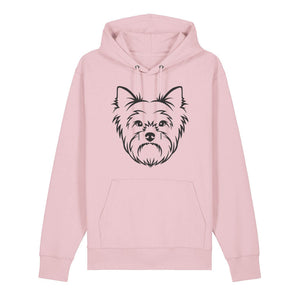 Black outline illustration of the head of a Yorkshire Terrier on the front of a cotton pink unisex Hoodie