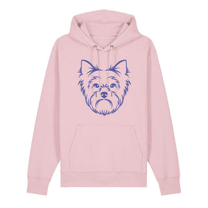 Blue outline illustration of the head of a Yorkshire Terrier on the front of a cotton pink unisex Hoodie