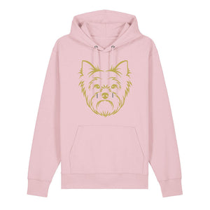 Gold outline illustration of the head of a Yorkshire Terrier on the front of a cotton pink unisex Hoodie