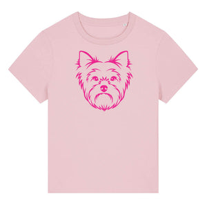 Magenta outline illustration of the head of a Yorkshire Terrier on the front of a pink cotton ladies t-shirt