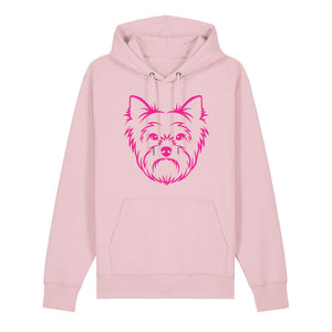 Magenta outline illustration of the head of a Yorkshire Terrier on the front of a cotton pink unisex Hoodie