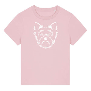 White outline illustration of the head of a Yorkshire Terrier on the front of a pink cotton ladies t-shirt