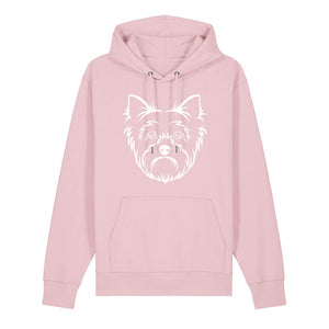 White outline illustration of the head of a Yorkshire Terrier on the front of a cotton pink unisex Hoodie