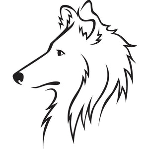 Minimalist black illustration of a Rough Collie on a white background