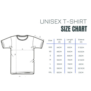 Unisex t-shirt size chart for animal t-shirts from XX-Small to XX-Large