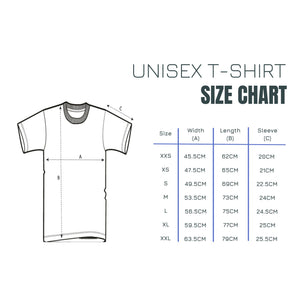 Size chart of the unisex t-shirts from XX-Small to XX-Large