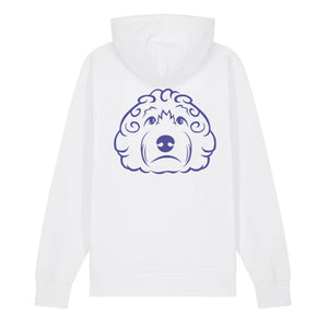 Black outline illustration of the head of a Cockapoo on the back of a white unisex Hoodie