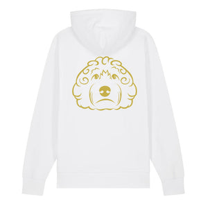 Gold outline illustration of the head of a Cockapoo on the back of a white unisex Hoodie