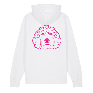 Magenta outline illustration of the head of a Cockapoo on the back of a white unisex Hoodie