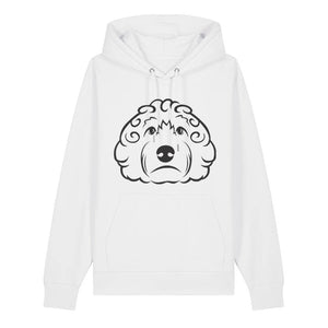 Black outline illustration of the head of a Cockapoo on the front of a white unisex Hoodie