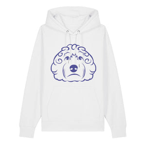 Blue outline illustration of the head of a Cockapoo on the front of a white unisex Hoodie