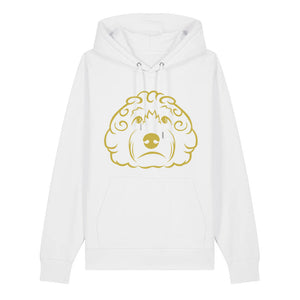 Gold outline illustration of the head of a Cockapoo on the front of a white unisex Hoodie