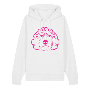 Magenta outline illustration of the head of a Cockapoo on the front of a white unisex Hoodie
