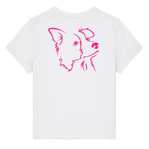 Magenta outline illustration of the head of a Border Collie on the back of a white ladies t-shirt