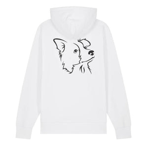 Black outline illustration of the head of a Border Collie on the back of a white unisex Hoodie