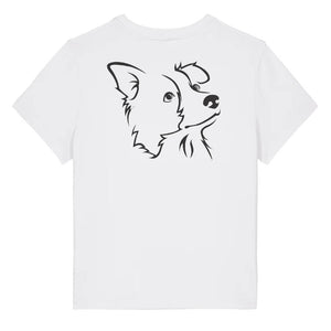 Black outline illustration of the head of a Border Collie on the back of a white ladies t-shirt