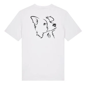 Black outline illustration of the head of a Border Collie on the back of a white unisex t-shirt