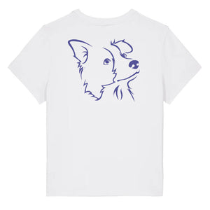 Blue outline illustration of the head of a Border Collie on the back of a white ladies t-shirt