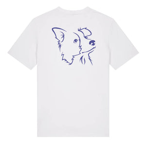 Blue outline illustration of the head of a Border Collie on the back of a white unisex t-shirt