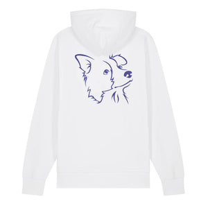 Blue outline illustration of the head of a Border Collie on the back of a white unisex Hoodie